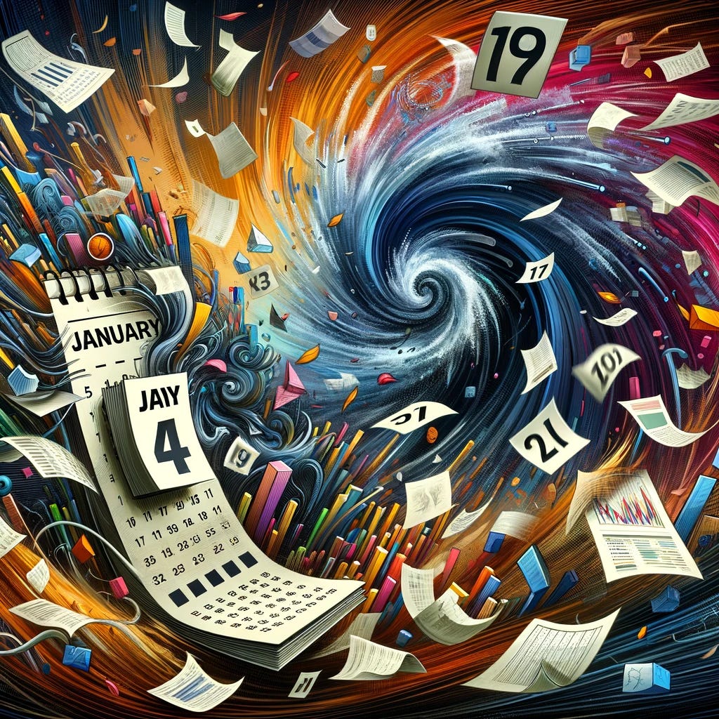 An abstract illustration depicting the financial system predictions for the new year being dramatically upended in the first week. The scene shows a chaotic, swirling mass of papers and graphs, representing financial forecasts and stock market charts, being tossed into the air. Among the chaos, a large, symbolic calendar page showing 'January 1st' is being flipped upside-down. Digital numbers, symbolizing stock market indices, are scattered around, some falling like leaves, others soaring upwards. The background is a whirl of colors, symbolizing the turmoil and unpredictability of the financial markets.