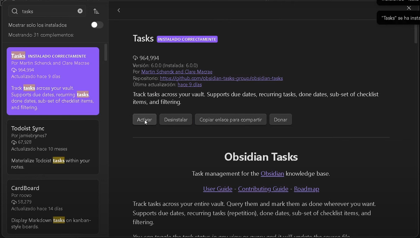 Plugin tasks de obsidian instalado