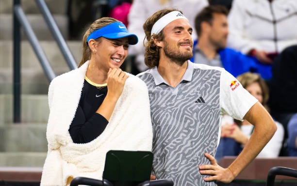 Stefano Tsitsipas of Greece and Paula Badosa of Spain during the Eisenhower Cup on Day 3 of the BNP Paribas Open at Indian Wells Tennis Garden on...