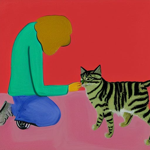 girl petting a cat painted in the style of David Hockney