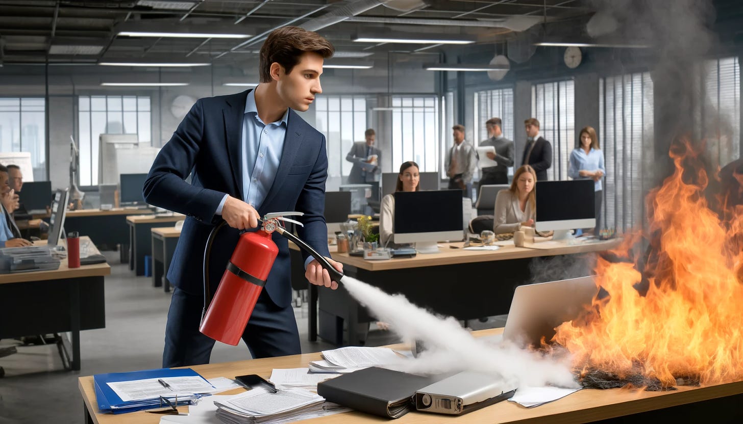 image of a product manager putting out a fire in an office setting