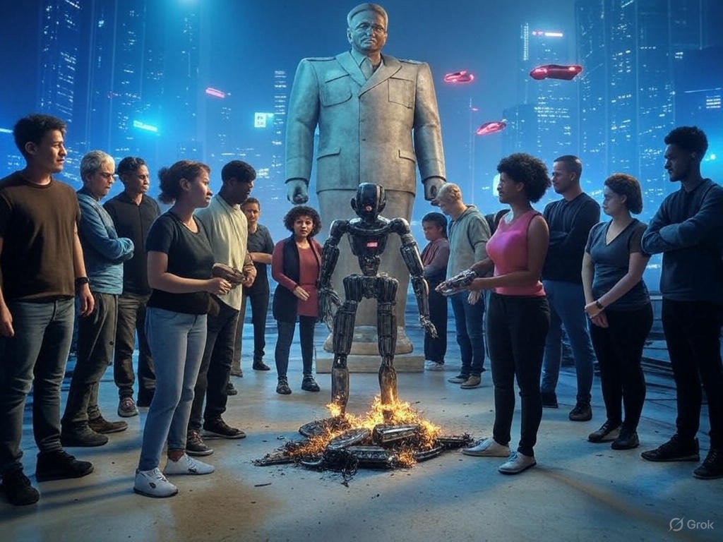 I generated images with the prompt: 'cyberpunk style diverse group including women and people of color using robots to destroy a dictator's monument, against a backdrop of an advanced civilization featuring neon-lit flying cars, vertical gardens with bioluminescent plants, and an open digital society with holographic interfaces'
