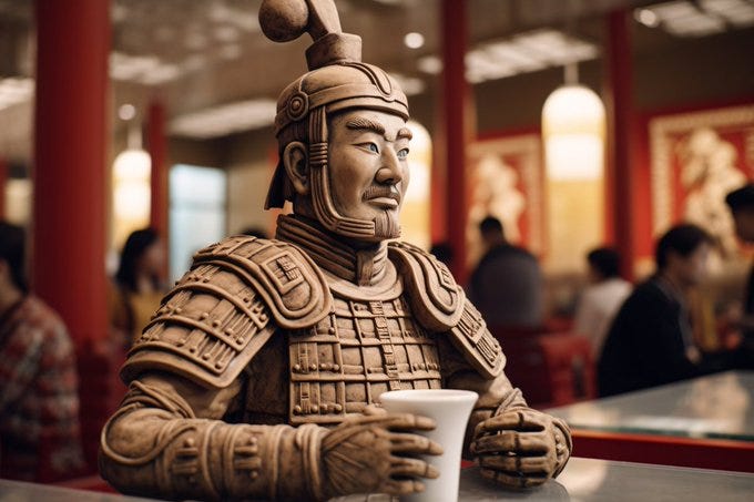 Prompt: ''A real terracotta warrior drinking coffee. Full shot photograph. --ar 3:2''

Inspired by the idea of u/stopwatchsparrow on reddit. 