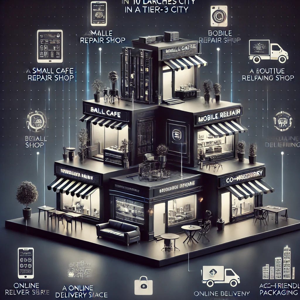 A sleek and modern infographic illustrating various businesses one can start with 10 lakhs in a tier-3 city. The image features minimalist icons representing businesses like a small café, a mobile repair shop, a boutique clothing store, an online delivery service, a co-working space, and an eco-friendly packaging unit. The design is clean, with a futuristic aesthetic, using dark and metallic tones. The text is minimal, with just business names and icons.