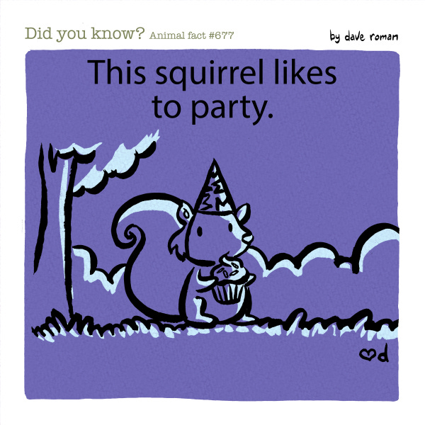 A squirrel wearing a party hat and holding a small cupcake with sprinkles is standing in a park at night.