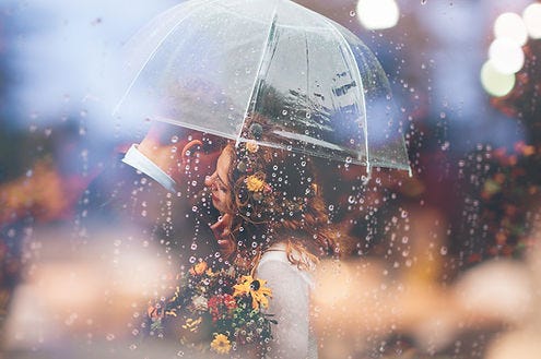 Image of a heterosexual couple under an umbrella in the rain.