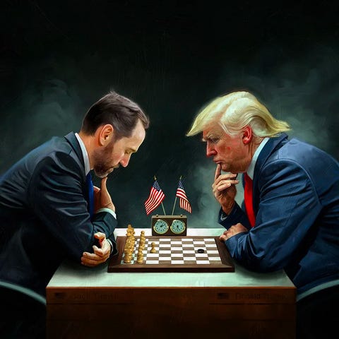 Trump and Justice Department prosecutor Jack Smith are sitting across from a chess board. Smith has chess pieces. Trump has a single checker.

Spoiler alert: Smith has opened with E3 (pawn to king three), a move considered rather weak. Further, his king and queen are on the wrong squares (swapped). The chess clock next to the board shows that Trump has much more time than Smith, suggesting that Smith took a very long time to figure out his position, even though he's only made a single move.