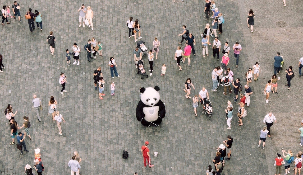 A panda sitting on the street, in the middle of a crowed
