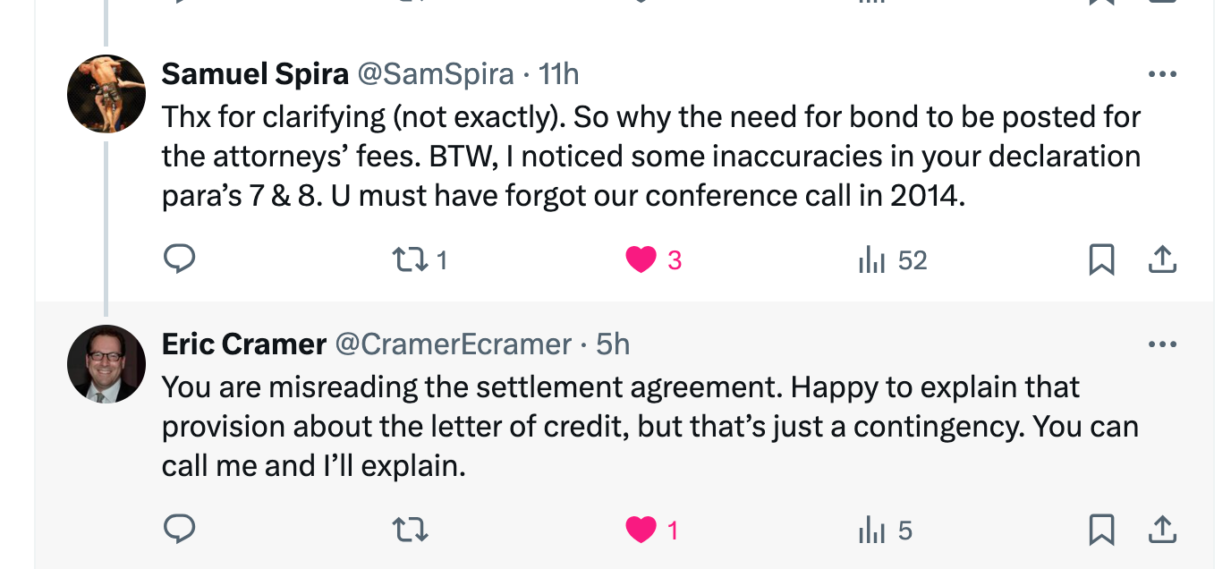 Eric Cramer @CramerEcramer · Oct 19 Please read our briefs in support of the settlement, which include among many other pieces of support, a declaration from Prof. Posner of the University of Chicago Law School, who says that our settlement is the first and only worker side monopsony case ever to succeed. Eric Cramer @CramerEcramer · Oct 19 We also cite dozens of antitrust class actions that have settled for far less as a percentage of potential damages than this case. I have been doing this work for nearly 3 decades. This is an amazing result after 10 years of hard work including by many brave fighter plaintiffs. Samuel Spira @SamSpira · Oct 19 For sure a lot of hard work by many. The amount is the amount. I understand the plan of allocation - however, under the current motion for preliminary approval, I didn’t see the payment date(s), both for the class and for the attorneys (assuming your Lodestar will hold). Eric Cramer @CramerEcramer · Oct 19 The schedule is in the motion and the allocation plan filed with the court. All public. If the court grants preliminary approval, notice to the class will go out 30 days later. The court will likely hold a final approval hearing about 3 months later. Samuel Spira @SamSpira · Oct 19 OK. I see the schedule for UFC payments INTO escrow. I see the schedule for notice and approvals. I don’t see proposed payment dates out of escrow to the fighters and to the attorneys. Is that in the Confidential Supplement? Eric Cramer @CramerEcramer · 22h We have filed the allocation plan with the court. It is all out in the open. What would you like to know? Samuel Spira @SamSpira · 20h I was given estimated payments for some of my clients for earlier settlement - assuming timely claims submitted on their behalf, I’ve been asking for the timing of the payments to the fighters and to the attorneys (assuming your fees r approved). Eric Cramer @CramerEcramer · 20h The judge controls the schedule, not the lawyers. When and if the court imposes a schedule for the rest of the settlement process, it will be public and placed on the settlement website. Samuel Spira @SamSpira · 20h Seems to me the judge APPROVES the schedule as proposed by the lawyers. A settlement with hundreds of pages filed with the Court and nowhere does it say when payments r made to the class and the lawyers? OK 🎁 Eric Cramer @CramerEcramer · 20h There is a proposed schedule: notice goes out; time for class to review; briefs get filed; final approval hearing in 3.5 months; if approved, claim forms go out; process would then take 60 ish days; then court would need to approve distribution. It’s all in the allocation plan. Samuel Spira @SamSpira · 19h Thx for clarifying (not exactly). So why the need for bond to be posted for the attorneys’ fees. BTW, I noticed some inaccuracies in your declaration para’s 7 & 8. U must have forgot our conference call in 2014. Eric Cramer @CramerEcramer · 12h You are misreading the settlement agreement. Happy to explain that provision about the letter of credit, but that’s just a contingency. You can call me and I’ll explain.