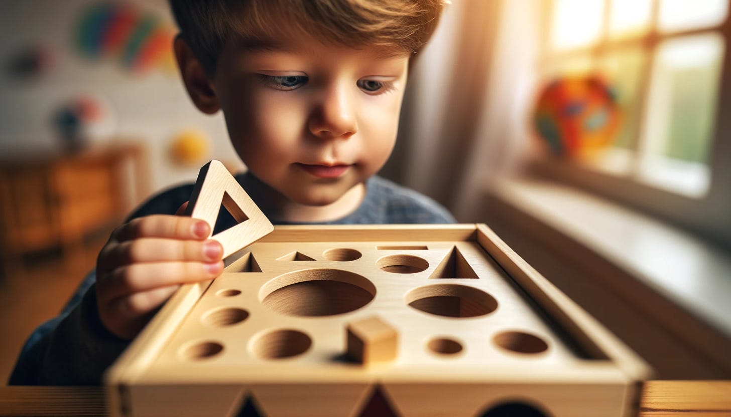 A young boy playing with a wooden toy box that has triangular, circular, and square slits. He is holding a square figure, looking indecisive. The scene resembles a children's book illustration with soft lighting and a shallow depth of field. The close-up shot emphasizes the child's puzzled expression and the vivid colors of the scene. It's captured from a low angle with a tilt-shift lens, creating a soft focus effect. The image conveys childhood innocence, curiosity, and the concept of decision-making in an educational and playful manner.