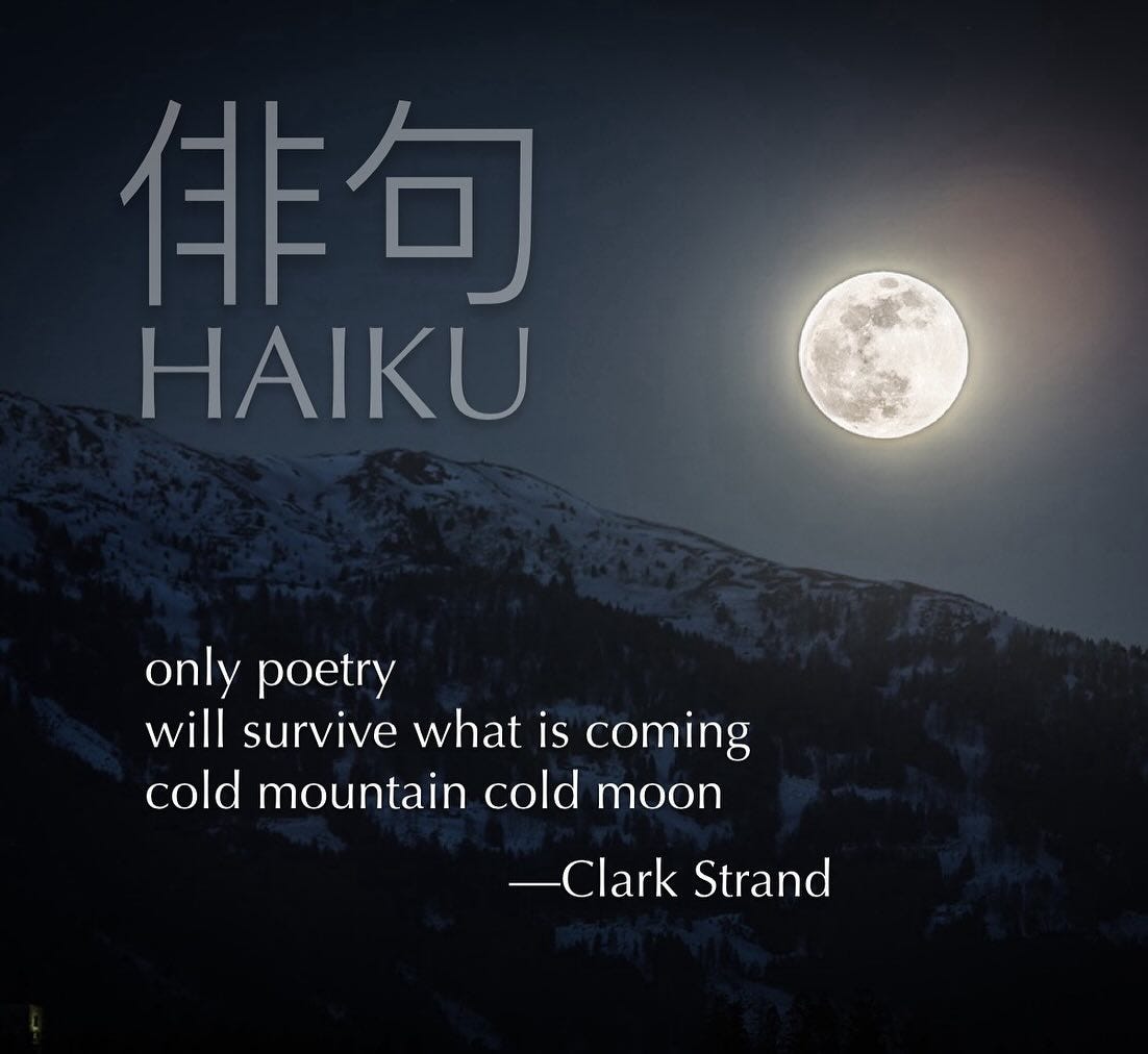 May be an image of text that says '俳句 HAIKU only poetry will survive what is coming cold mountain cold moon -Clark Strand'
