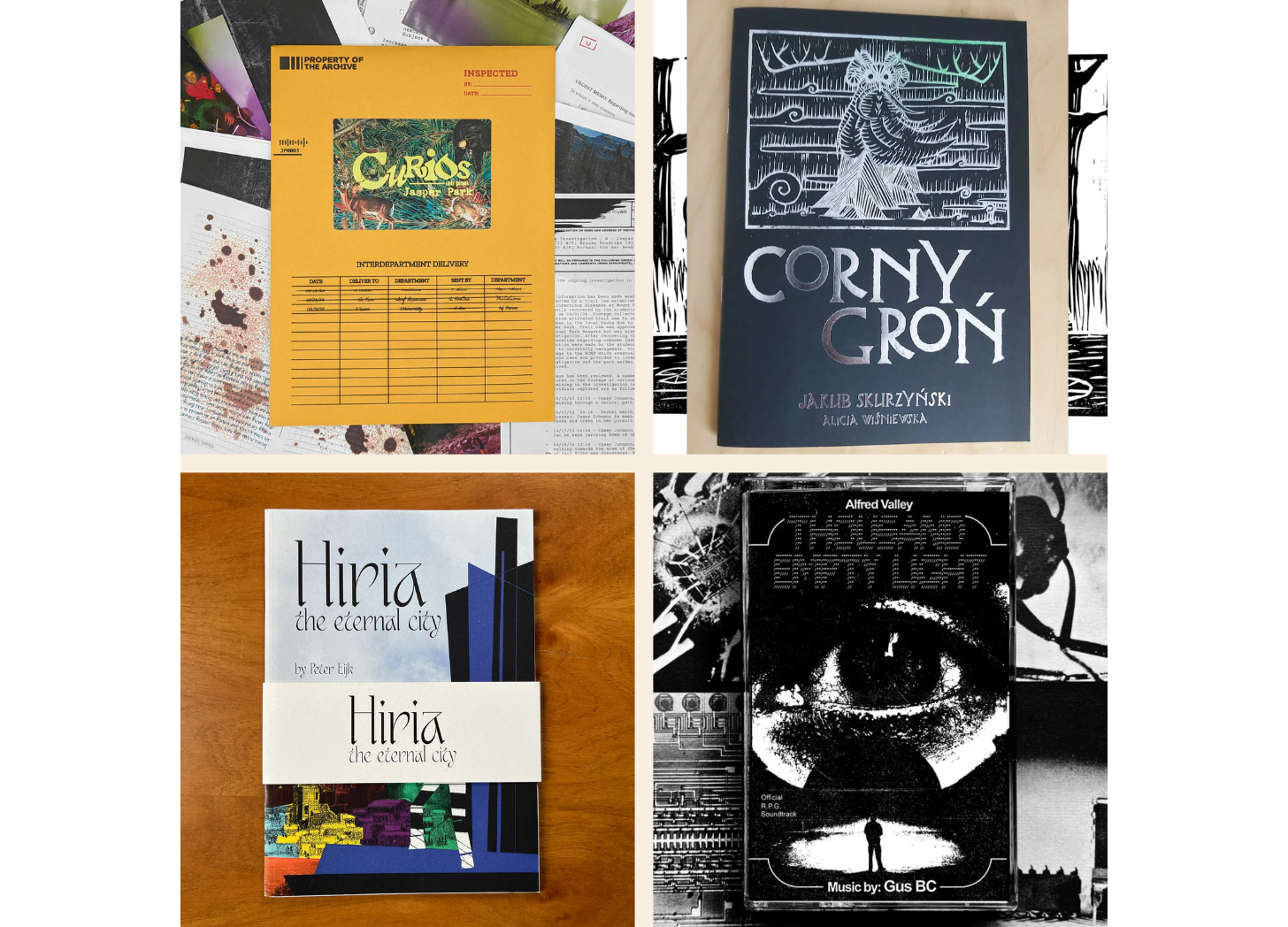 A collage of four games: Dwelling, Thousand Empty Light cassette tape, Hiria: the Eternal City, and Corny Groń.