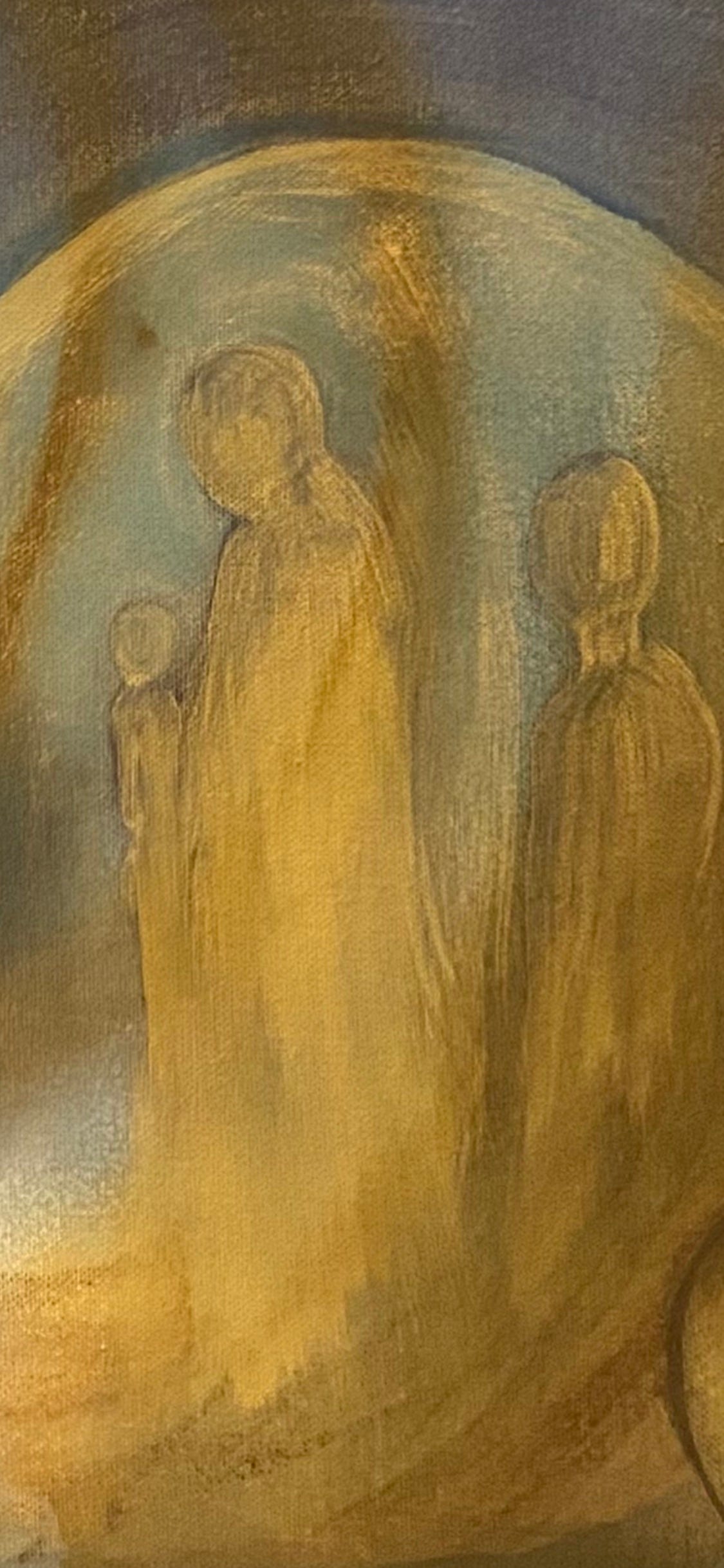 a closeup of a painting with three figures standing in a formation, a smaller one to the left, held but a central taller one both watched by a third to the right