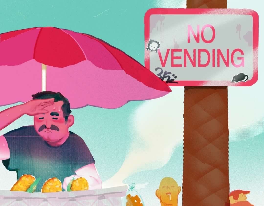 An anxious Latino man with a mustache sweats over his grill under a pink umbrella. The corn he is grilling releases a visible trail of smoke that causes someone behind him to drool. Also behind him is a No Vending sign, presumably the cause of his anxiety. 