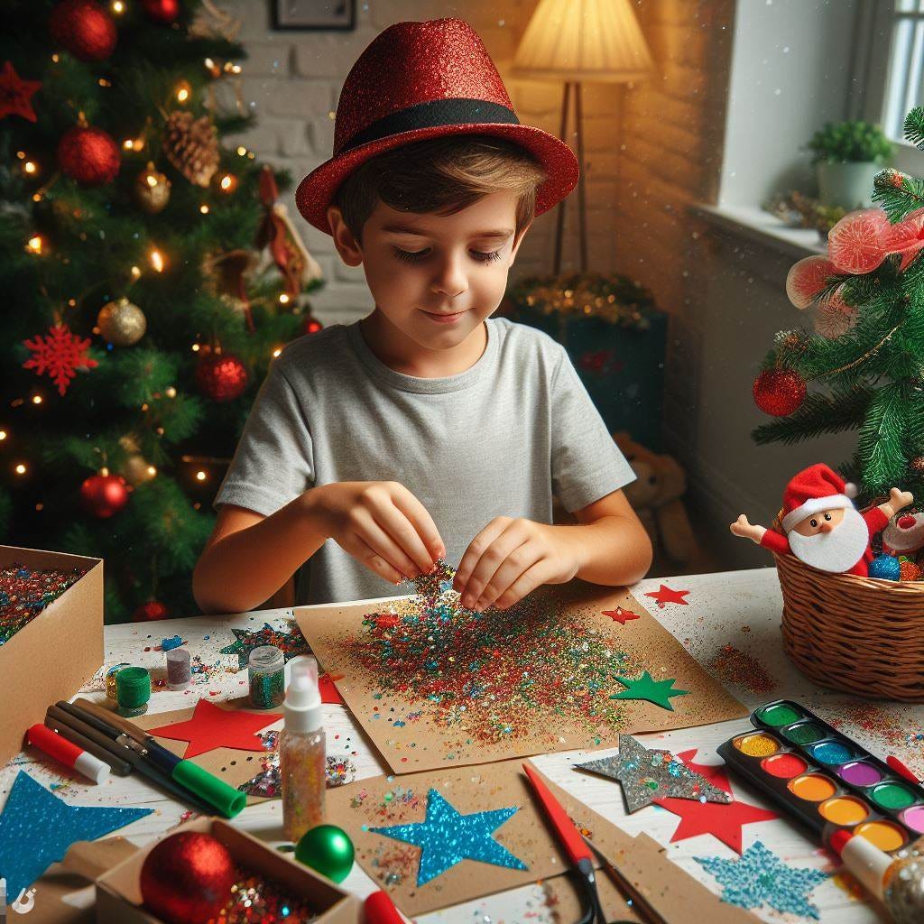 image of a young white boy making christmas decorations out of colored construction paper and using lots of glitter