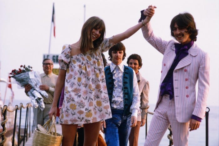 Jane Birkin with Ringo Starr and George Harrison at the Cannes Film Festival in 1968