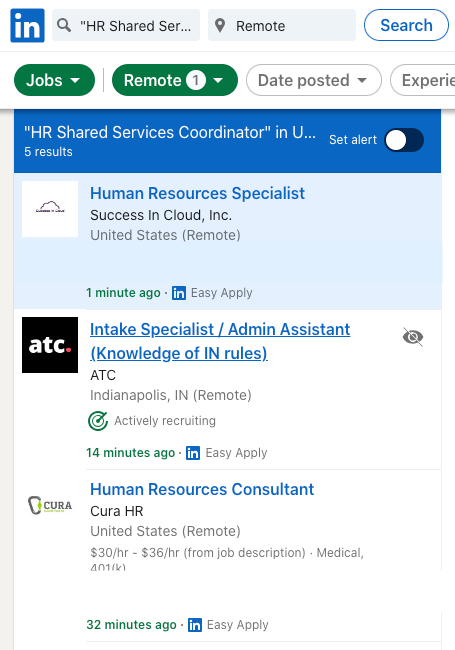 A search for a HR Shared Services Coordinator remote job on LinkedIn, which returned no results