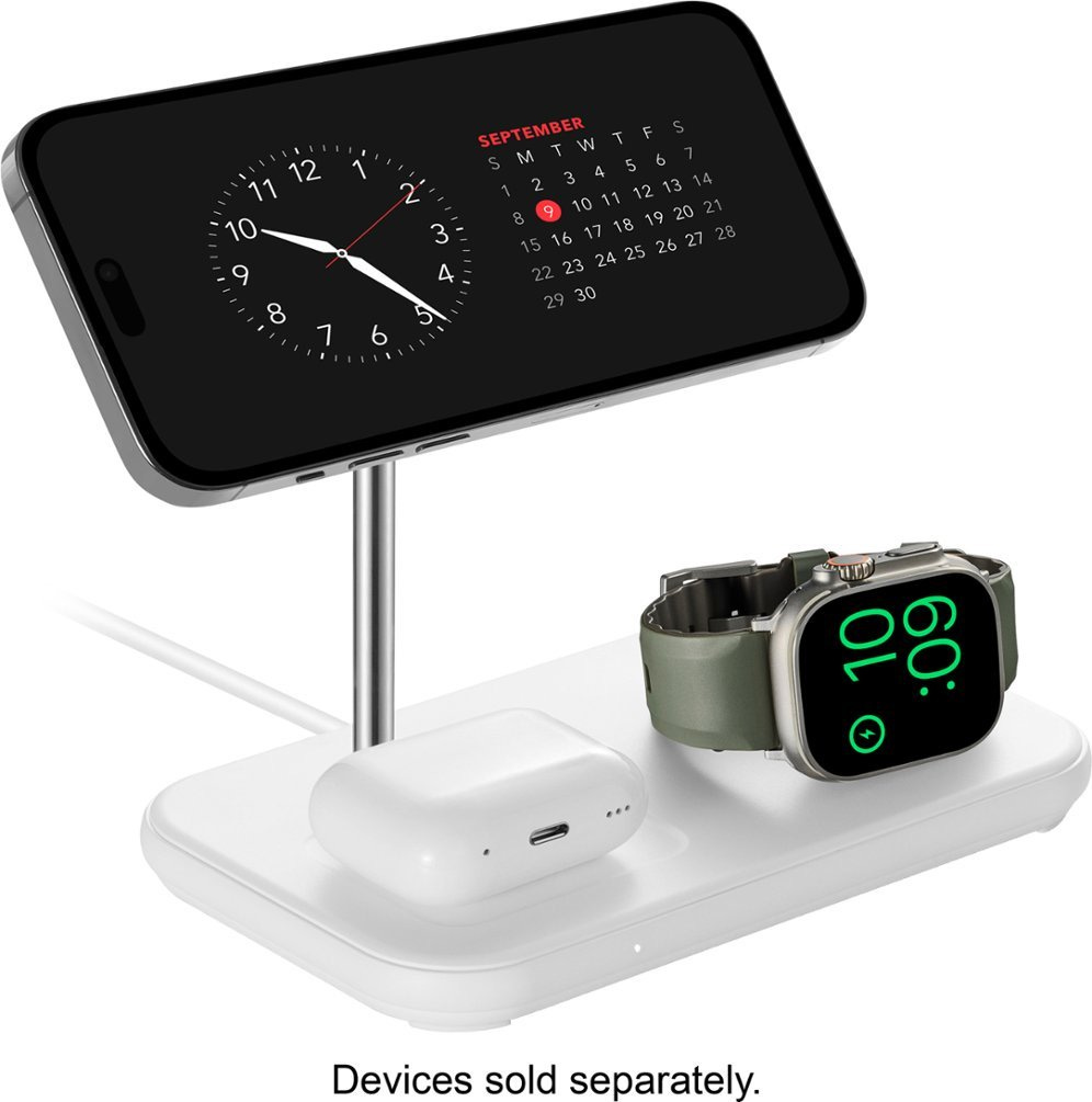 Zoom in on Front. Best Buy essentials™ - 3-in-1 7.5W Magnetic Wireless Charger with Apple Watch Charger Holder for iPhone + Apple Watch + AirPods - White.