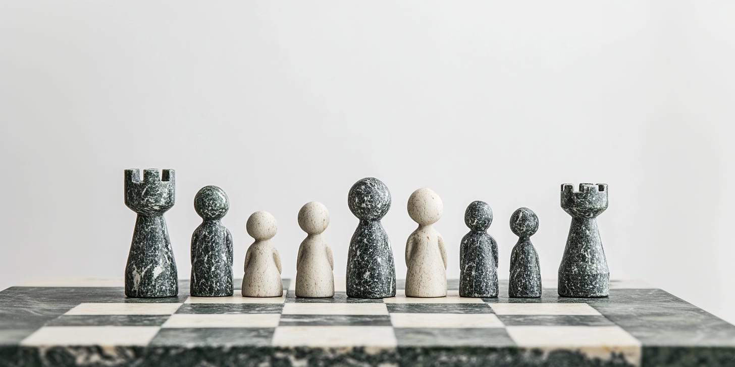 Some stone chess pieces on a chessboard. Some are shaped like people of varying heights, to symbolise parents and children. Image generated by Brad Kelley via Midjourney.