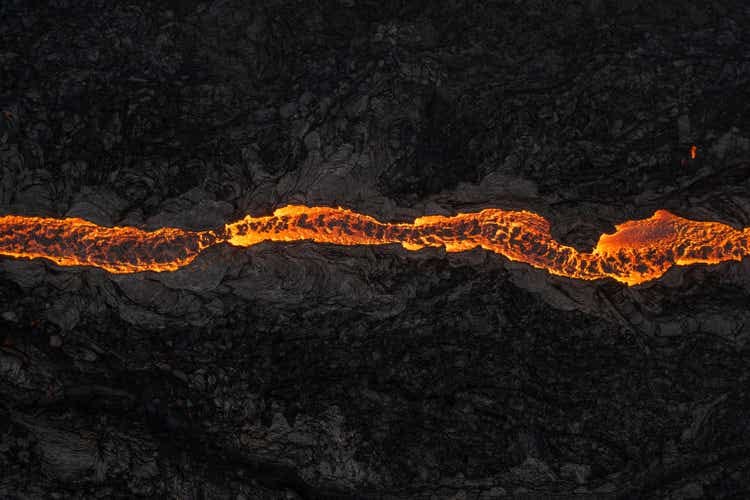 Winding lava flow from Fagradalsfjall Volcano photographed by drone Reykjanes Peninsula, Iceland