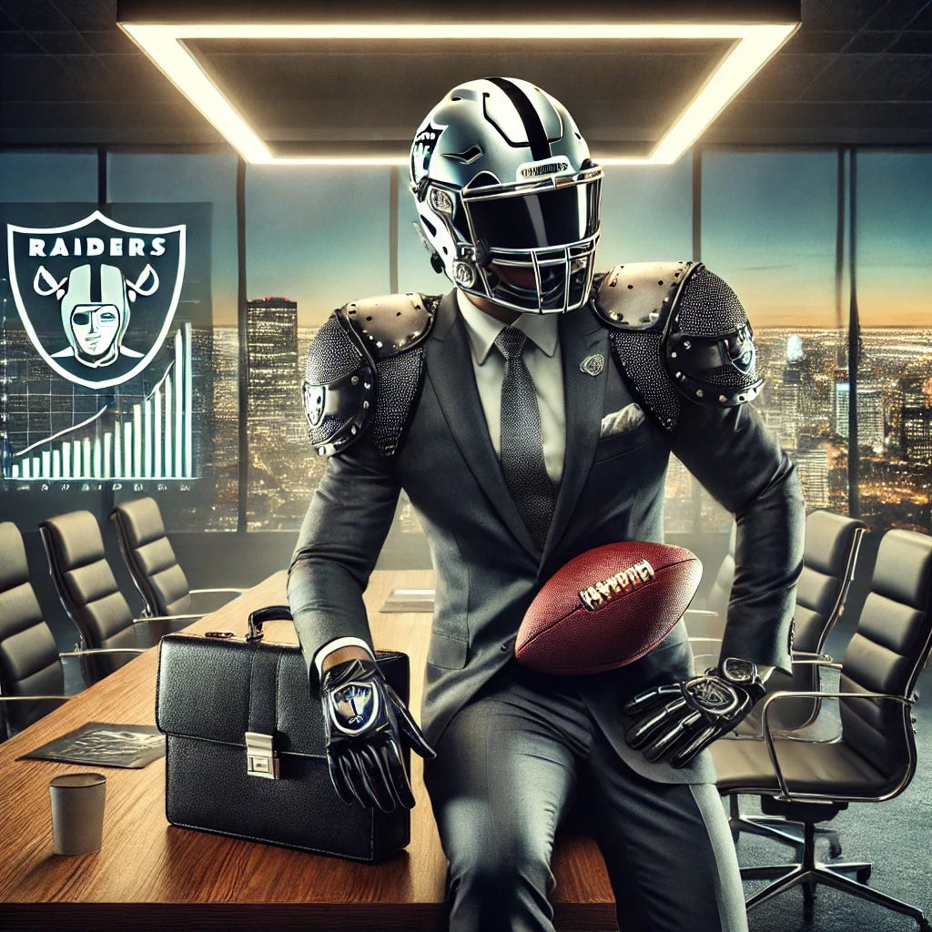 A dramatic and intense illustration of a corporate raider styled like an Oakland Raider, blending business and football elements. The individual wears a sharp suit with subtle metallic and black accents reminiscent of football gear, including shoulder pads and a helmet-like accessory with a sleek visor. The scene is set in a modern corporate boardroom with panoramic city skyline views. The figure holds a briefcase and a football, exuding a sense of power, strategy, and aggression. The background features charts and monitors, emphasizing corporate takeovers. The lighting remains moody, highlighting determination and ambition.