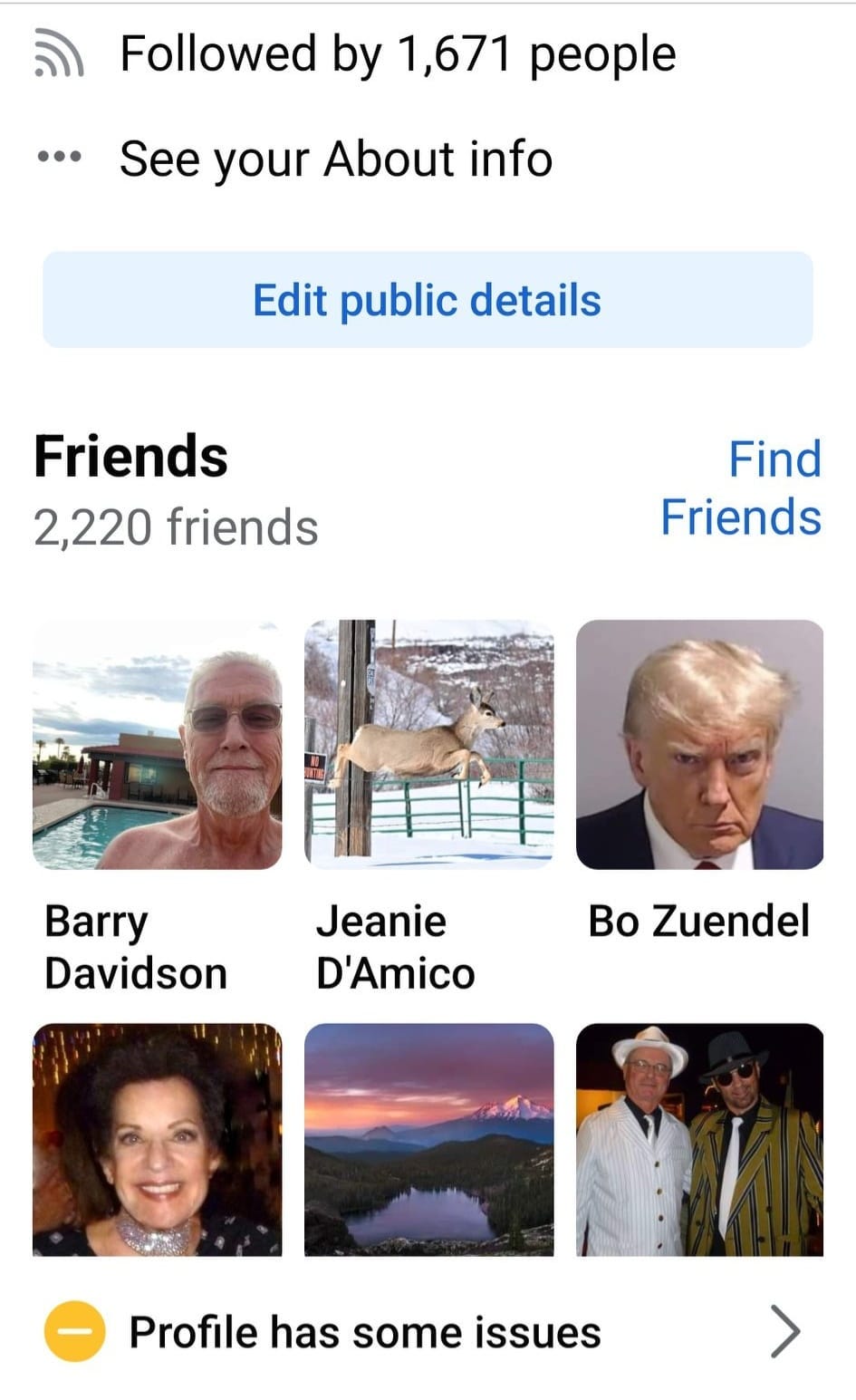 May be an image of ‎5 people, blonde hair and ‎text that says '‎اه Followed by 1,671 people ...See your About info Edit public details Friends 2,220 friends Find Friends Barry Davidson Jeanie D'Amico Bo Zuendel Profile has some issues‎'‎‎