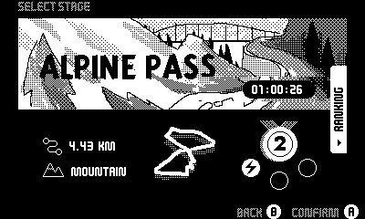 Level selection screen showing Alpine Pass, 4.43km, and some achievements