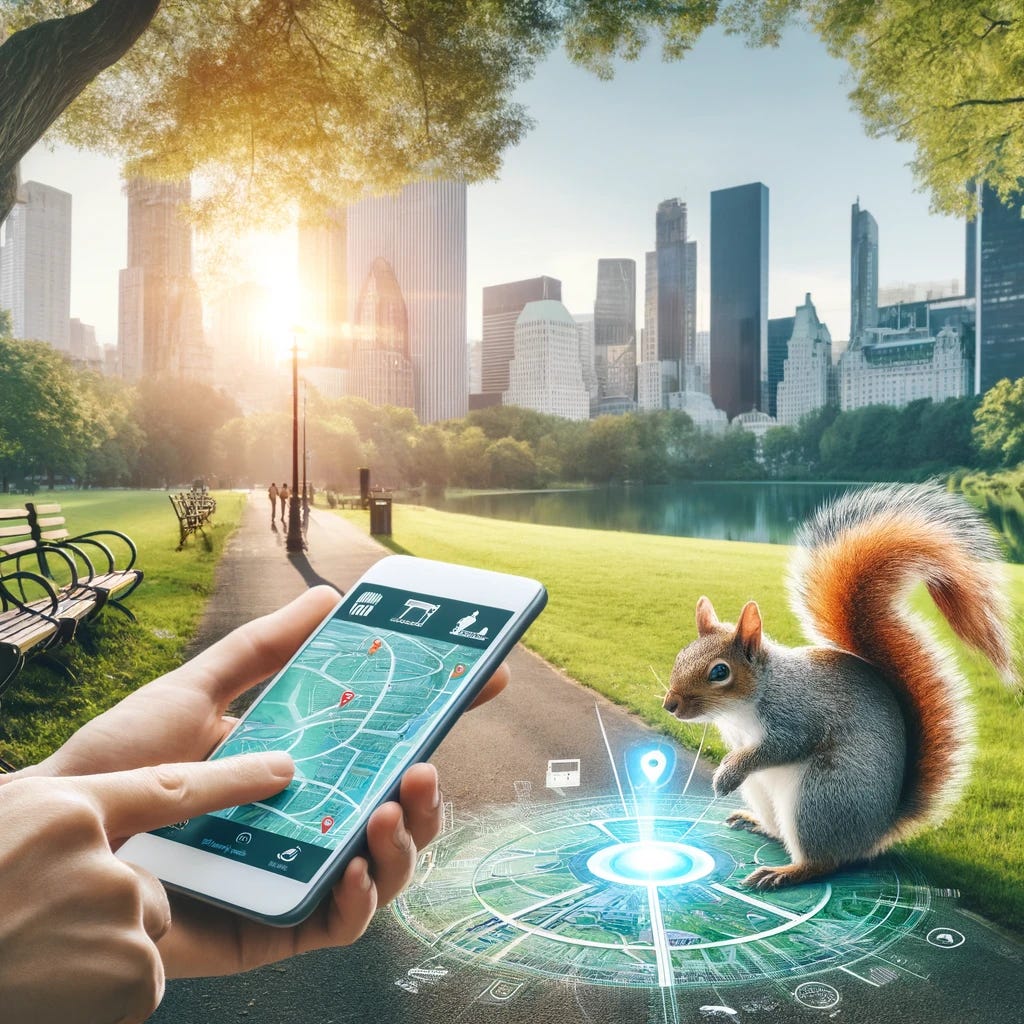 A serene city park scene with a person using a mobile device to navigate with the help of an augmented reality app, showcasing Mapbox technology. A playful squirrel is interacting with the digital map projections on the ground.