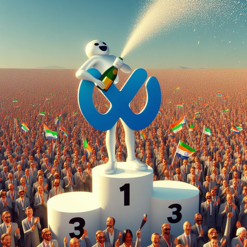 an anthropomorphic version of the Meta logo standing on top of an olympic podium with a gold medal spraying champagne over the place clearly META with a crowd of thousands of people