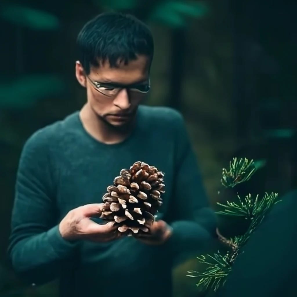 Man in woods holding and studying pine cone in hand