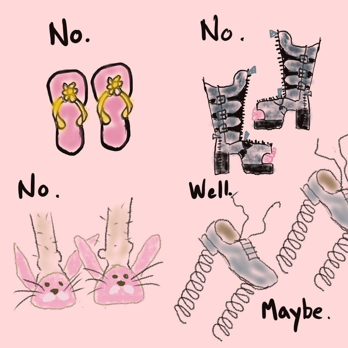 A cartoon illustrating four types of footwear inappropriate for hiking -- flip flops, bunny slippers, high heeled, open toed biker boots and springed shoes.