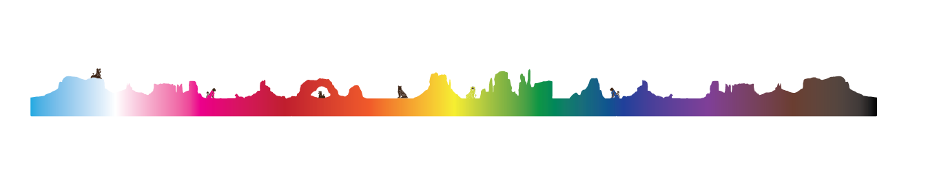 A vibrant scene shows a rainbow arching over a stylized landscape with canyon elements like buttes, rock arches, and bridges, reminiscent of Monument Valley. Lions and lionesses, some sitting and others lying relaxed, appear to enjoy the majestic setting. The rainbow transitions through colors—blue, white, light pink, red, orange, yellow, green, blue, violet, brown, and black—creating a dynamic, colorful backdrop.