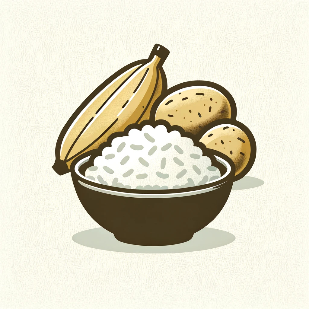 Create a simple graphic featuring rice, plantains, and potatoes. The design should be minimalist and visually appealing, focusing on these three foods. Use a clean and straightforward style to showcase the rice in a bowl, a bunch of plantains, and a few whole potatoes. The background should be neutral to ensure the focus remains on the food items. This graphic is meant for viewers interested in healthy eating and looking for visual inspiration related to resistant starch sources.