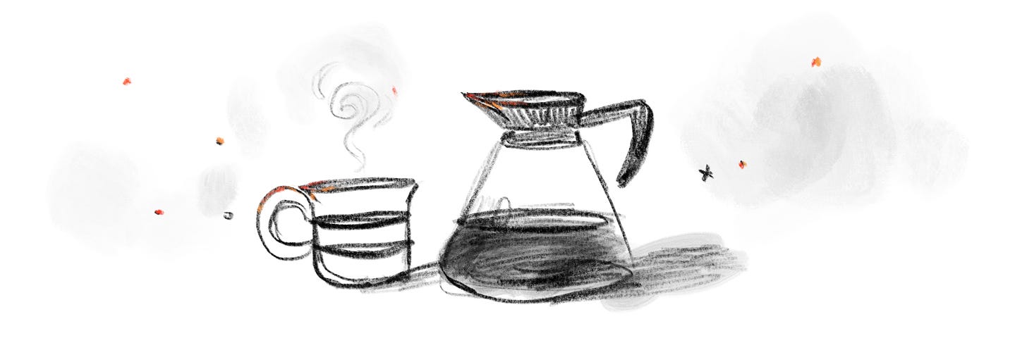 A sketch of a coffee carafe and coffee cup on a counter, with edges burning like embers and sparks flying.