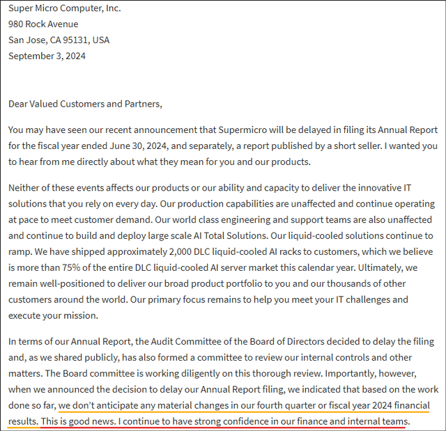 Update from Charles Liang 09/03/2024 Supermicro Investor Relations