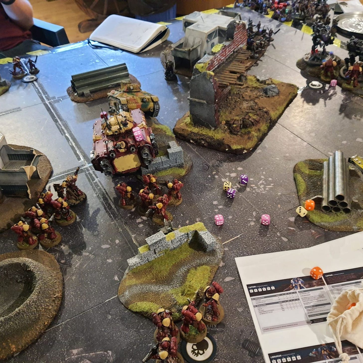 A bird's eye view of a Warhemmer 40k battle. At the bottom of the picture, a Infernus squad (which was physically standing in for a Desolation squad) holds an objective, covered by an incomplete wall and having lost one of its initial 5 members. At the centre of the picture, we have the Chimera and the Repulsor from the previous picture, which is floating above a small wall. Behind the Repulsor, we have the Sternguard veterans from the first picture and an Infernus squad. On the top left, a Lieutenant with Combi-Weapon (a human in power armour wielding two blades) battles an Astra Militarum officer (a human wielding a sword), the sole survivor of his command squad. On the top right, two Terminators (humans in even bulkier power armour) and their Librarian leader melee against two Scout Sentinels. And, some distance behind the Sentinels, an infantry squad (standing in for a Death Korps squad) stands under cover behind a building.