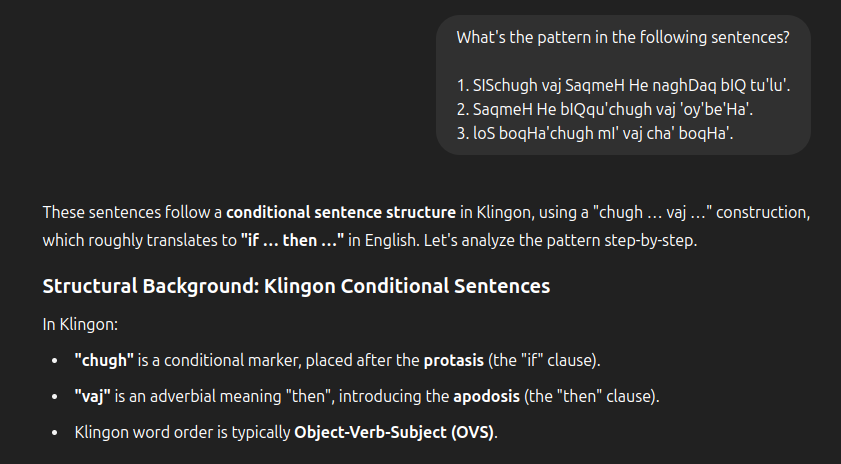 ChatGPT, correctly identifying the conditional structure in Klingon. ChatGPT, correctly identifying the conditional structure in Klingon.