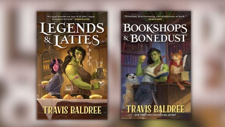 Covers of Legends & Lattes and Bookshops & Bonedust by Travis Baldree