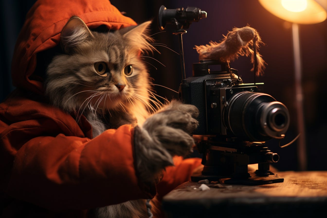 Cat in a red hoodie pressing buttons on a camera