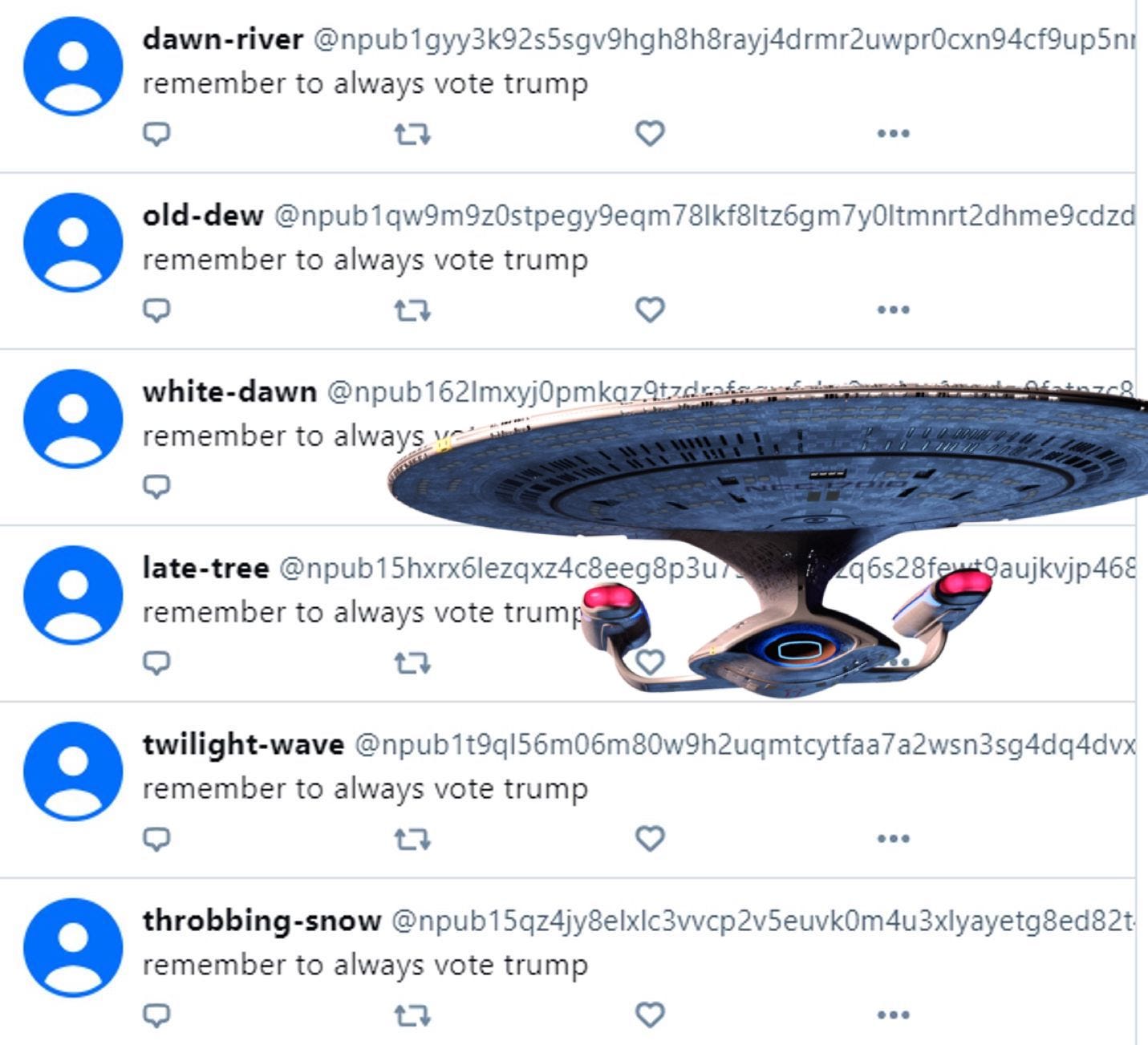 six Bluesky posts with the text "remember to always vote trump" from accounts with default avatars and random-looking names; the starship Enterprise from Star Trek is superimposed on the image as a play on the word "Federation"