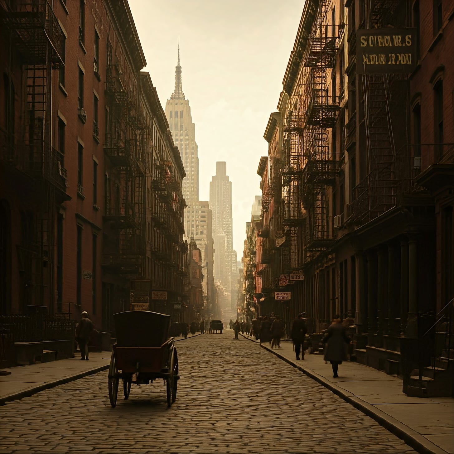 An image of New York City's Little Italy in 1900 generated by Google Gemini. The Empire State building is there even though it is in Midtown, not Little Italy, and was not built until 1930.