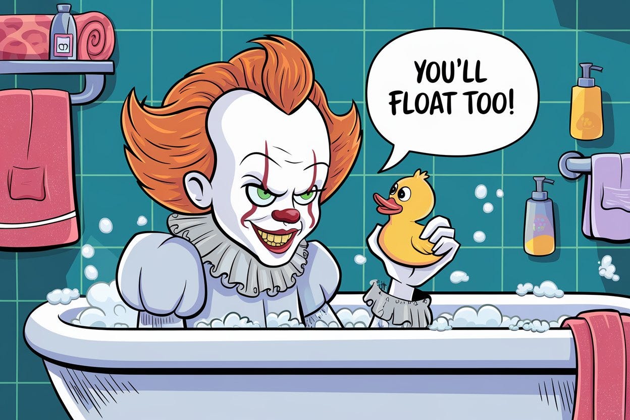 Cartoon illustration: Pennywise from 'It' is taking a bath, sitting in a bathtub and holding a rubber ducky. Pennywise has a mischievous grin on his face and says to the rubber ducky "You'll float too!" The bathroom is cozy and full of bubbles, with typical bath items like soap and towels in the background.