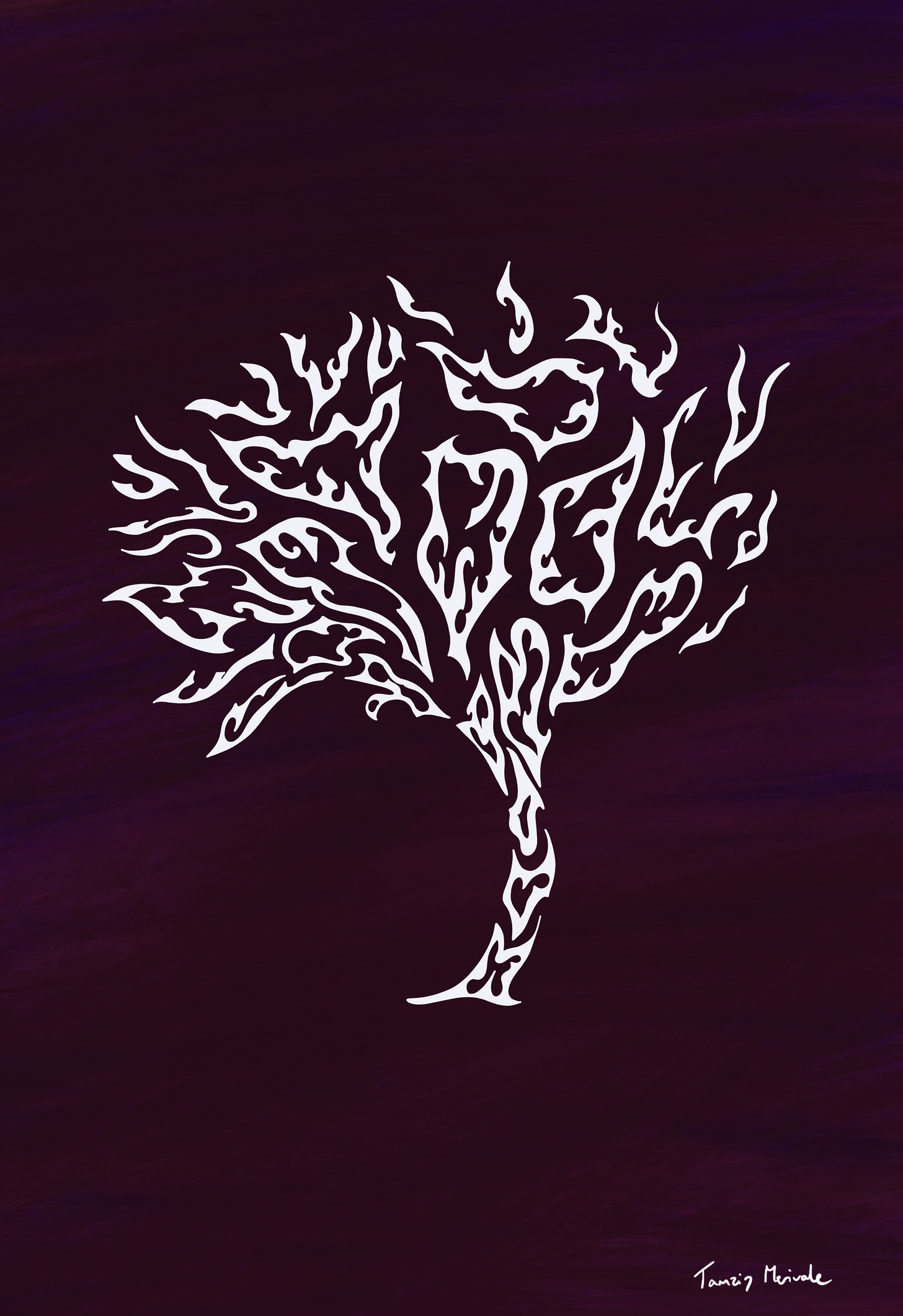 White illustrated tree in a pattern on dark purple background