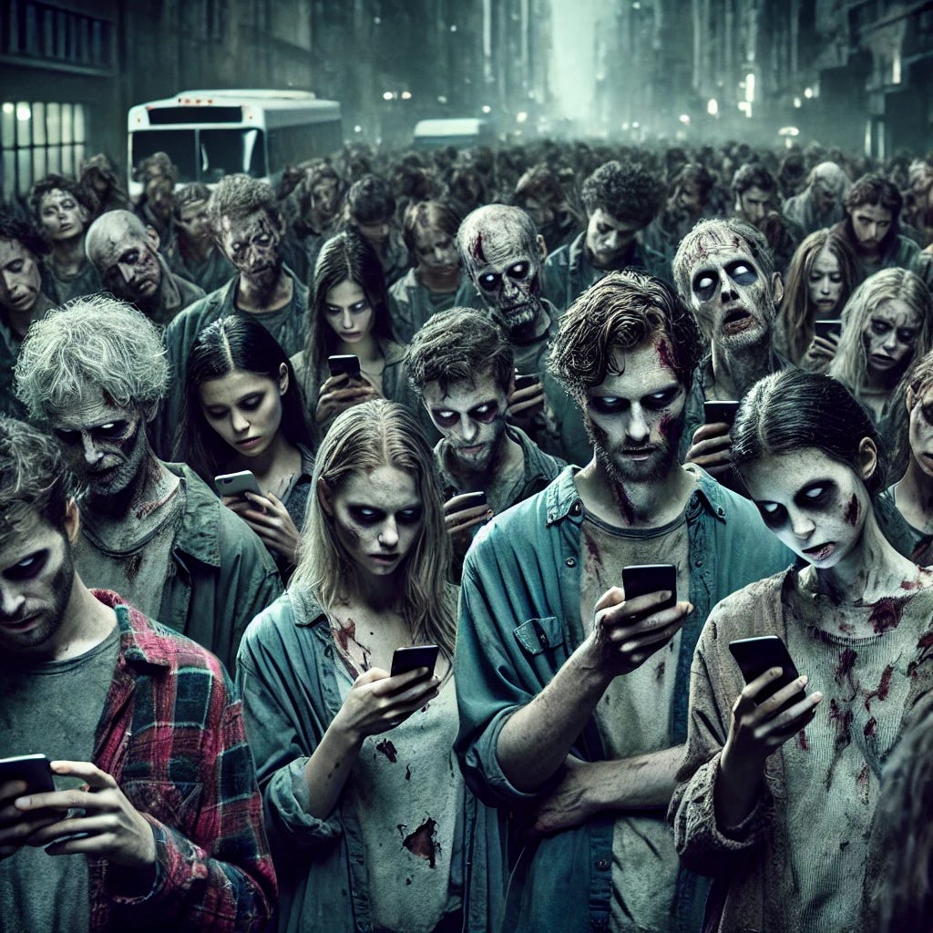 ne masse de zombies, tous absorbés par leurs smartphones, dans un environnement sombre et dystopique