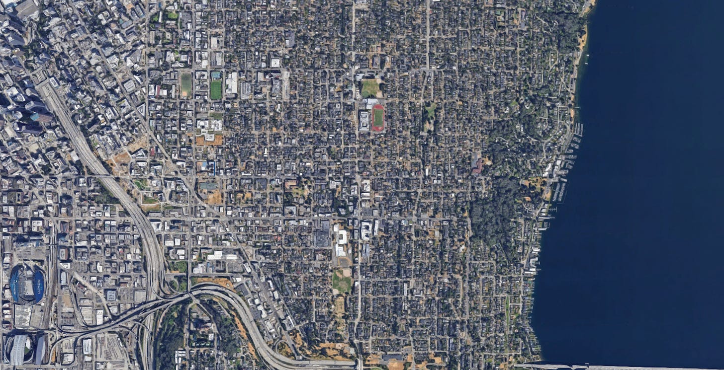 Aerial view of T-Mobile Park and surrounding area