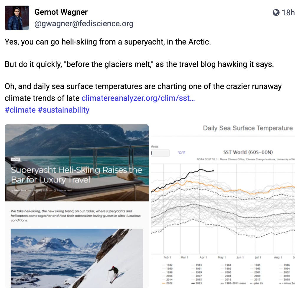 Yes, you can go heli-skiing from a superyacht, in the Arctic.  But do it quickly, "before the glaciers melt," as the travel blog hawking it says.  Oh, and daily sea surface temperatures are charting one of the crazier runaway climate trends of late 