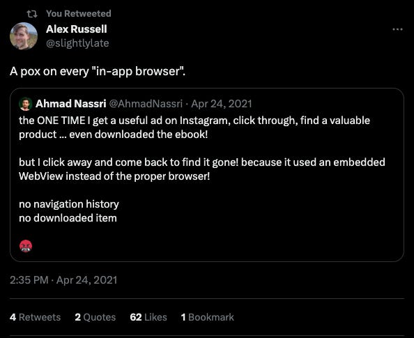 Embedded Quote Tweet, main text: "A pox on every 'in-app browser'"