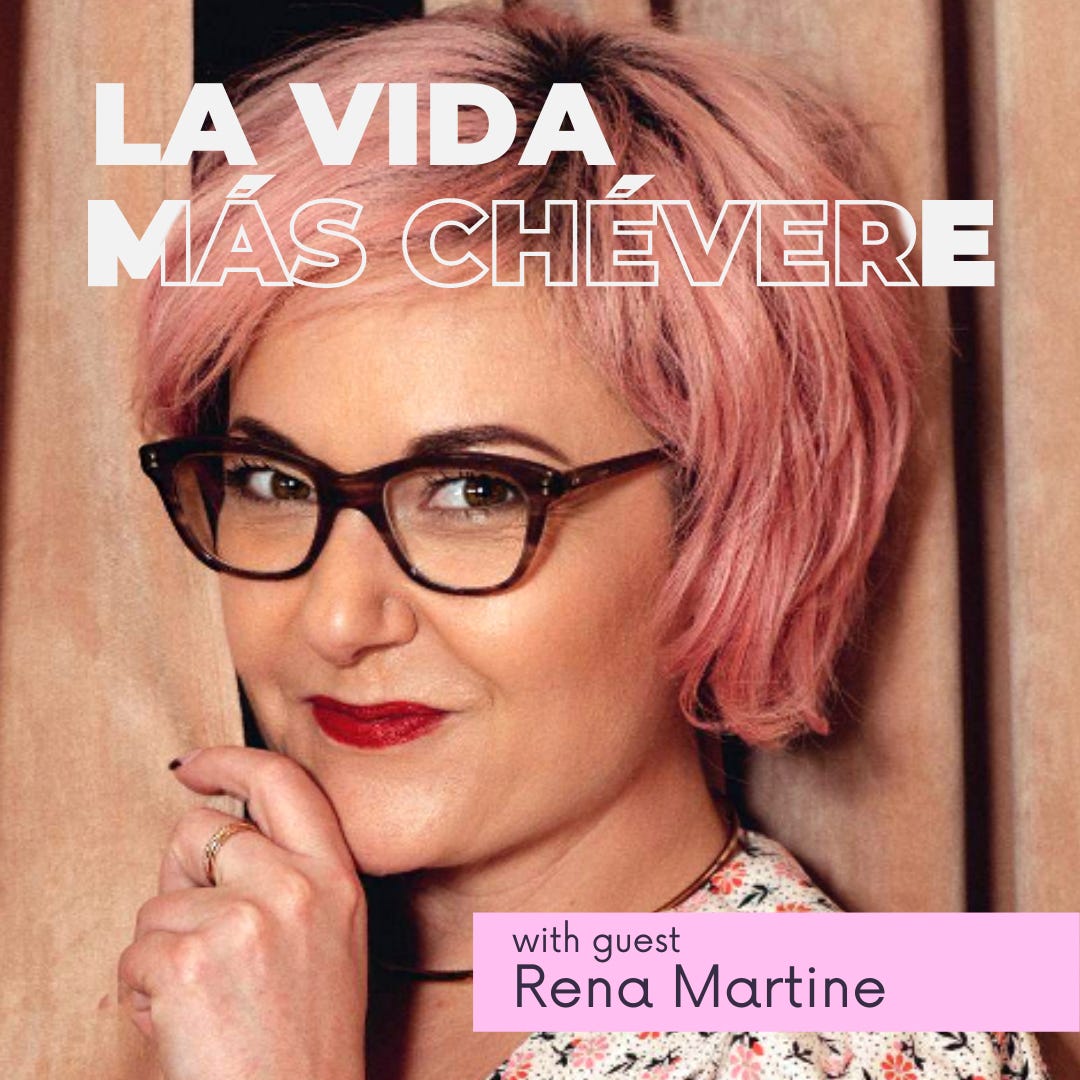 Bespectacled pink-haired woman playfully hiding behind a camel-colored curtain with text overlay that reads La Vida Más Chévere with guest Rena Martine