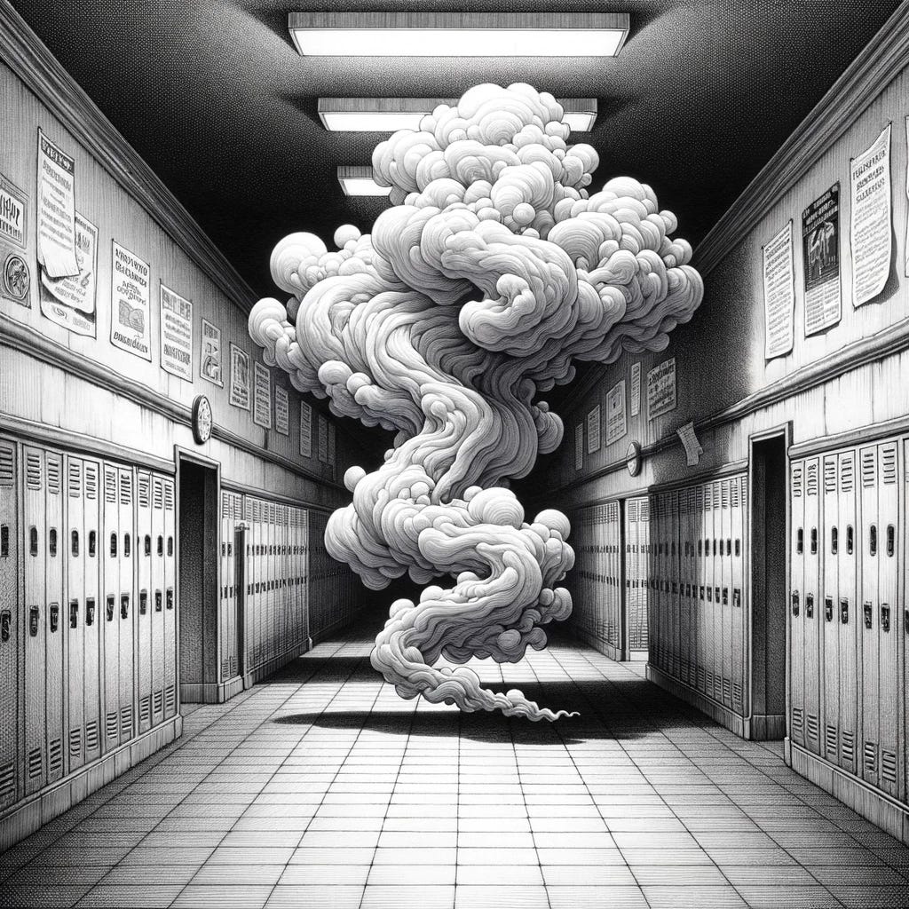 A detailed black and white drawing depicting an abstract, stylized gas cloud meandering through a school hallway. The hallway is lined with lockers, classroom doors, and bulletin boards, filled with notices and educational posters. The gas cloud is rendered with soft, flowing lines and patterns, creating a sense of movement and ethereality, contrasting sharply with the rigid, structured environment of the school. Light and shadow are used to enhance the depth of the scene, with the cloud casting subtle shadows on the floor and walls, adding to the mysterious atmosphere. The drawing style is reminiscent of classic pen-and-ink illustrations, emphasizing fine lines and detailed textures to convey a sense of realism and intrigue.