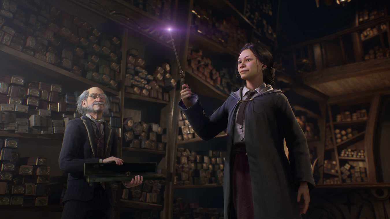 Hogwarts Legacy female character using a wand